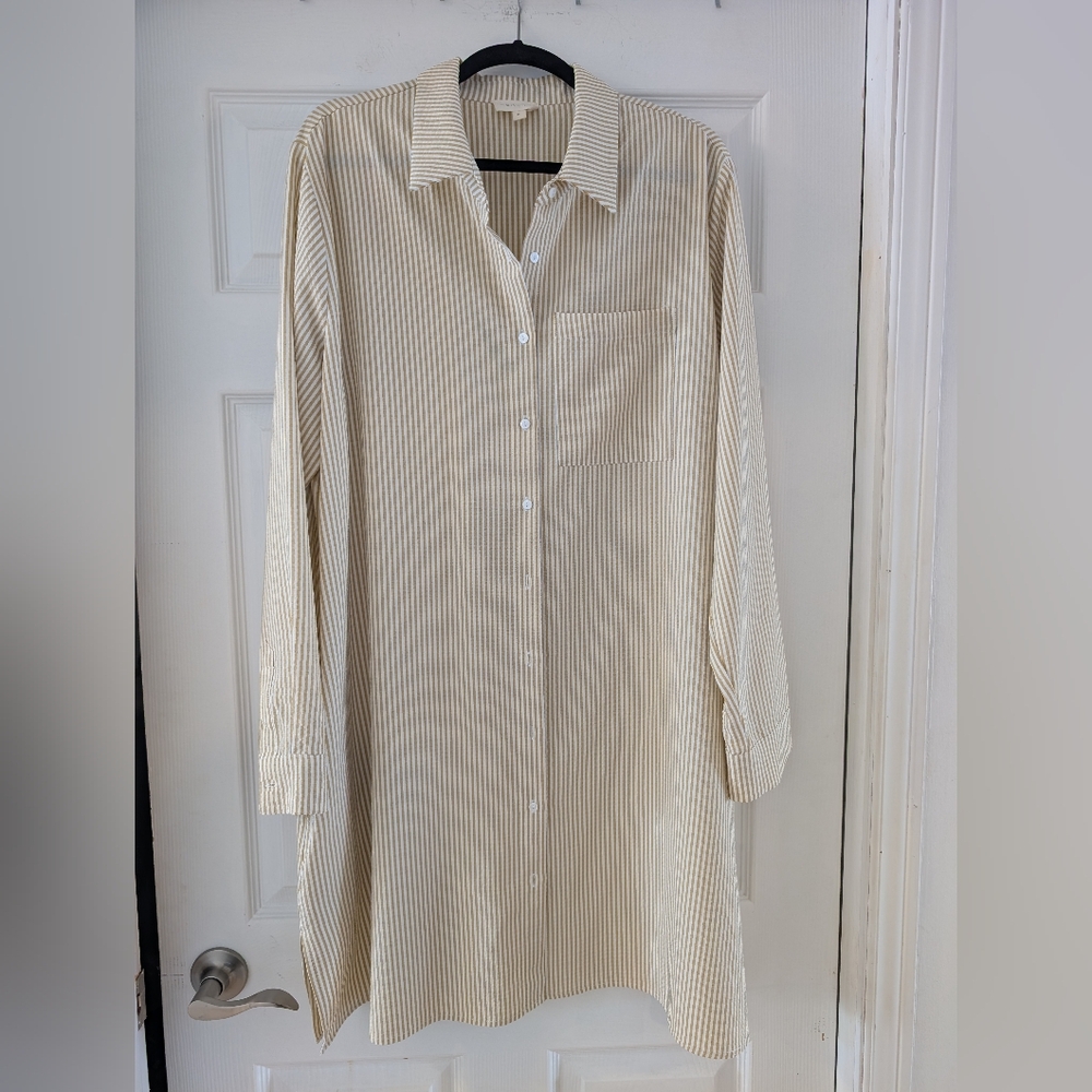 Long Sleeve Striped Shirt Dress in Beige and White